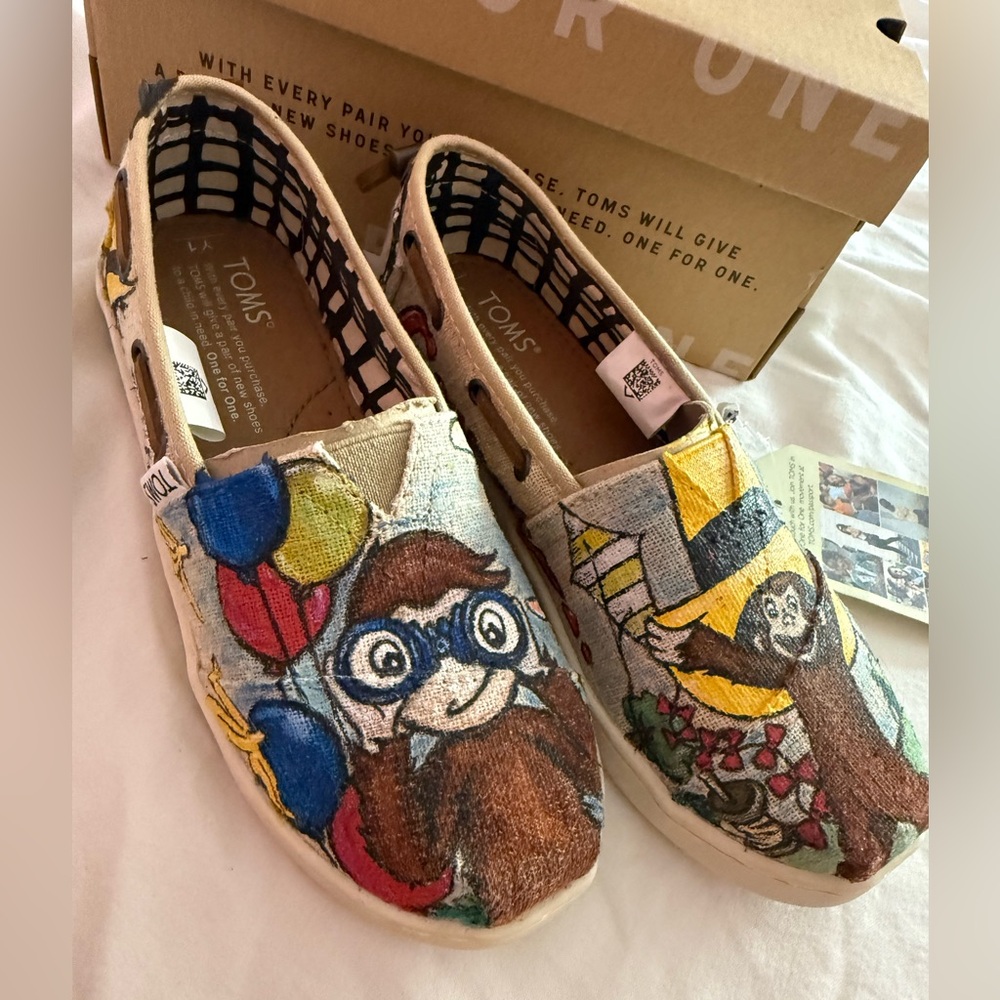 Toms Vegan Burlap Curious George custom painted kids shoes.